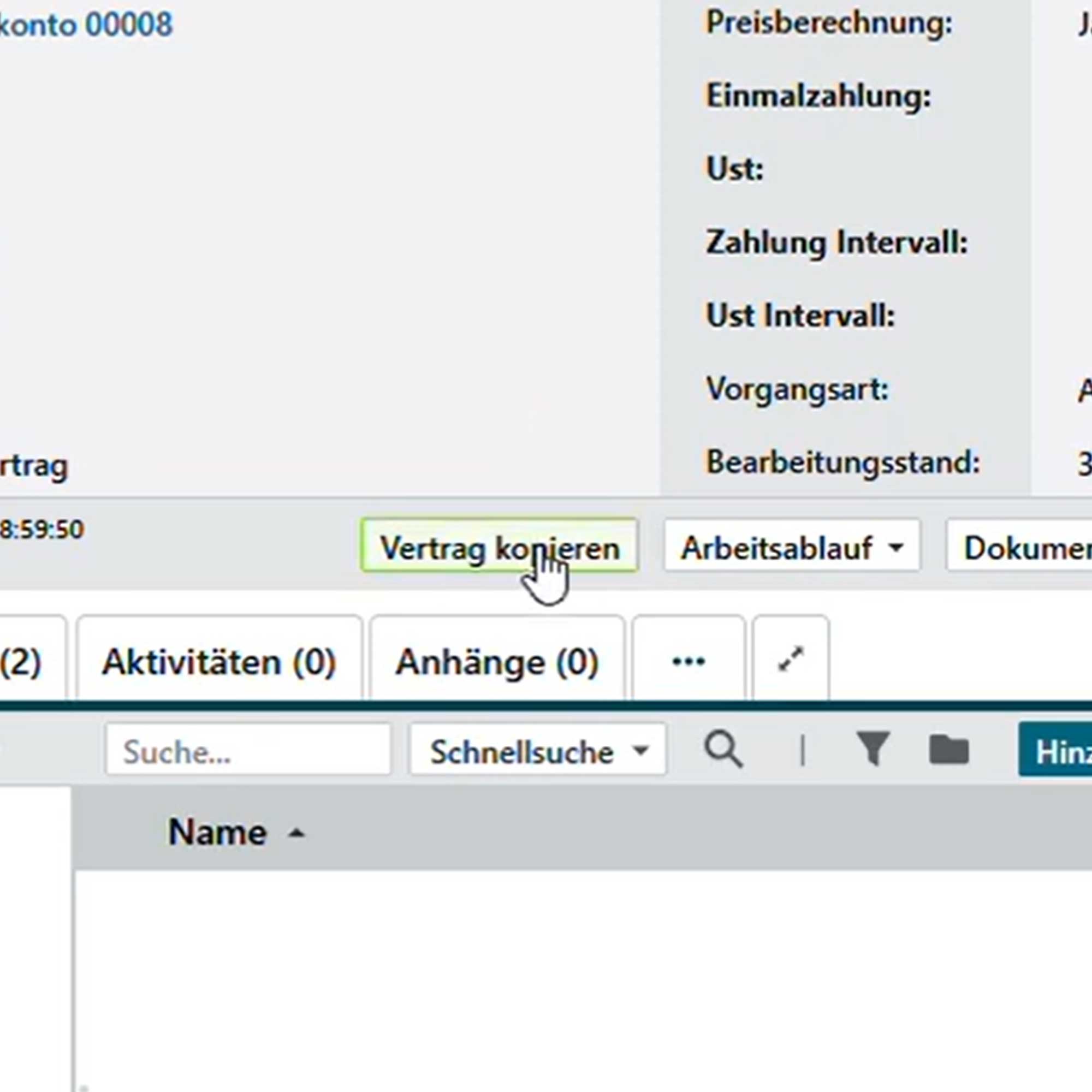 Ein Ausschnitt zeigt, wo der Button Vertrag kopieren im TEcArt CRM zu finden ist.