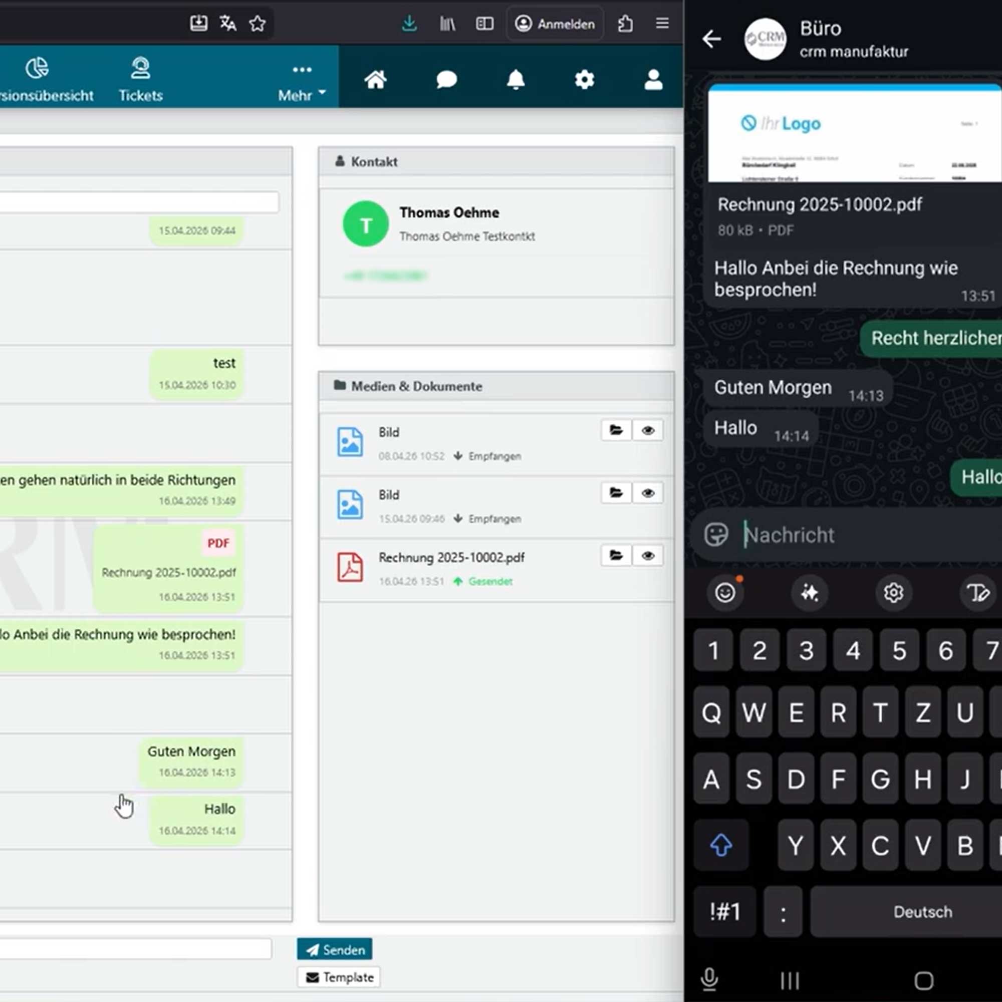 Der Ausschnitt zeigt, wie links die TecArt CRM Integration von WhatsApp und rechts das Smartphone (Bildschirmaufnahme) sich Nachrichten austauschen.
