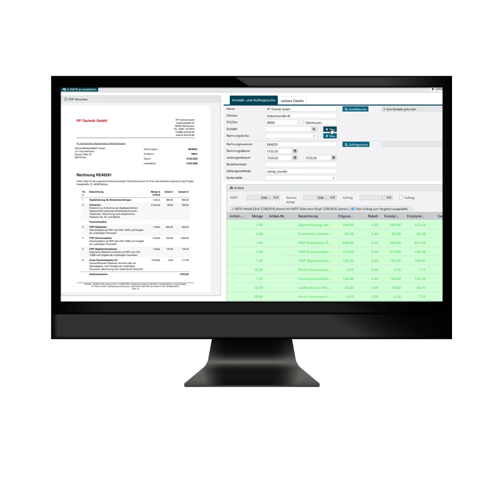 Ein Ausschnitt zeigt, wie die Eingangsrechnung automatisch in die Felder des TecArt CRMs eingetragen wurden, nachdem Natif.ai ausgeführt wurde.
