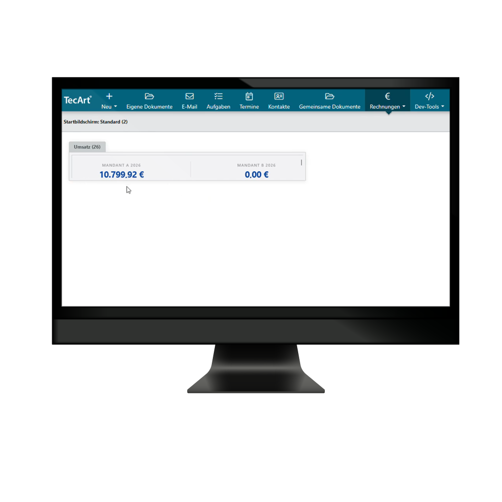 Der Ausschnitt zeigt die Startseite (Dashboard) des TecArt CRMs und wie der Gesamtumsatz des Mandanten dargestellt ist.