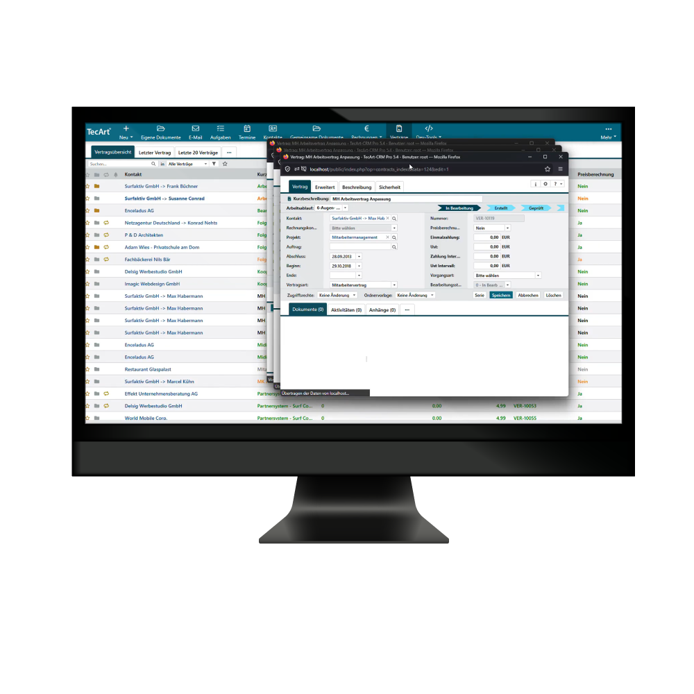 Der Ausschnitt zeigt, wie es im TecArt CRM aussieht, wenn man "Kopieren und Öffnen" wählt (einer der beiden Kopiermodi).