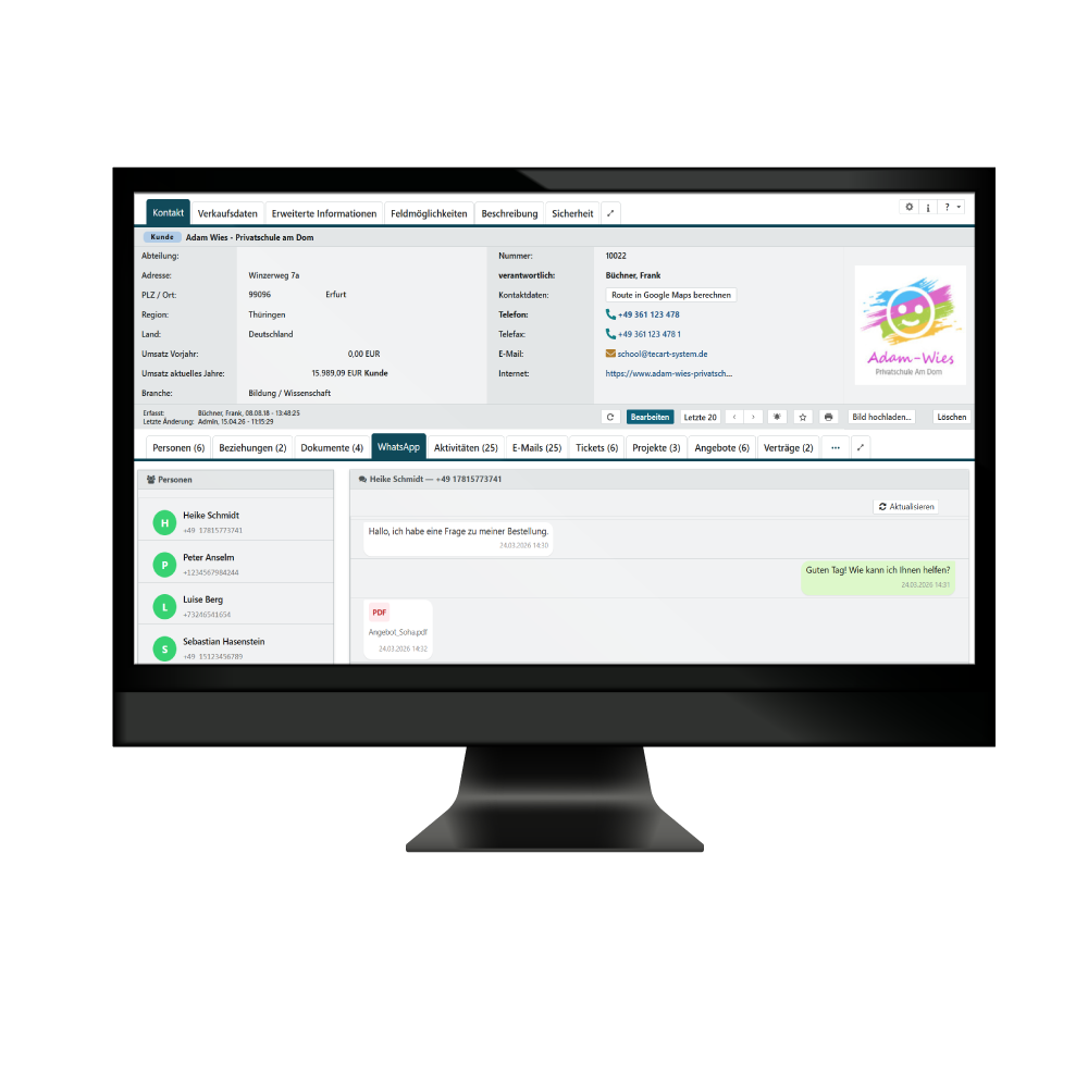 Der Ausschnitt zeigt die WhatsApp Integration im Modul Kontakt des TecArt CRMs.